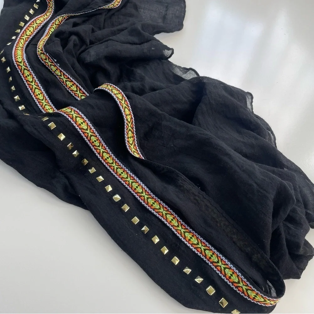 Infinity Scarf Lightweight Black Tribal Aztec Embroidered with Flat back Studs